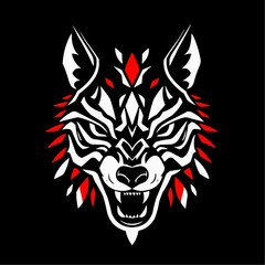 Fototapeta premium Stylized wolf head illustration in black, white, and red colors 