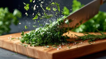 A close-up of a knife chopping fresh herbs on a wooden cutting board