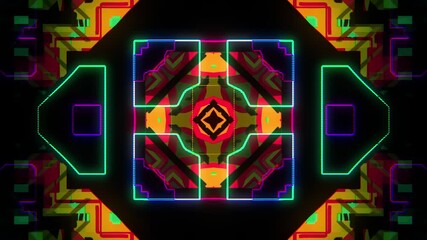 Vibrant, geometric neon pattern with bright blue, red, and green lines forming a symmetrical diamond - Powered by Adobe