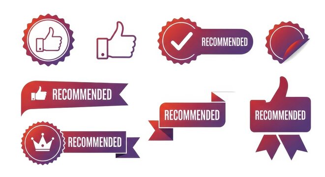 Recommended label collection with thumbs up and check mark badges isolated on white background