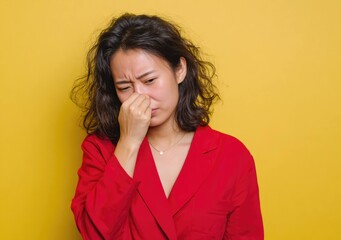 Influencer Reacts to Smell Urban Studio Portrait Photography Yellow Background Close-Up Emotion Capture