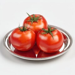 Three ripe red tomatoes on a silver platter healthy food  for recipe websites and cookbooks