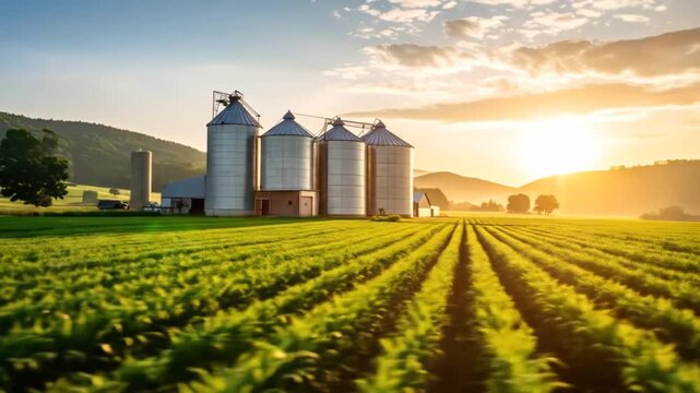 A sunlit agricultural landscape with silo structures, verdant crop rows, and distant hills under a cloud-streaked sky