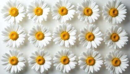 Overhead view of clean, bright floral arrangement featuring fifteen white daisy flowers with yellow centers. Blossoms form repeating pattern on pure white background, emphasizing simplicity, natural