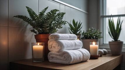 Serene Sanctuary: Envision a moment of peace with this shot of a beautifully arranged bathroom scene. Softly lit candles create a tranquil glow, alongside stacks of fresh, folded towels.