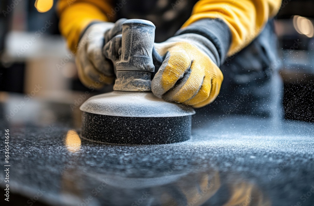 Poster a person in gloves uses a polishing tool on a surface, creating a cloud of dust in a workshop settin