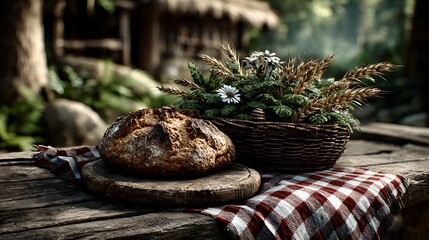 A rustic picnic spread on a checkered cloth.