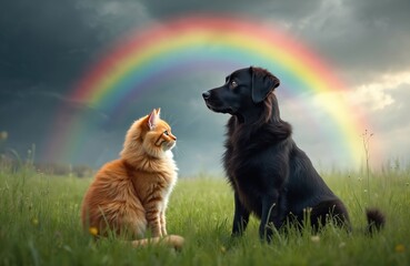 Fluffy cat, dog sit contemplatively in green meadow under vibrant rainbow. Scene evokes themes of pet loss, death, remembrance. Captures serene, peaceful moment of connection, companionship, hope,