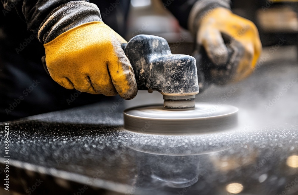 Poster a worker uses a power tool to polish a surface, showcasing a close-up of hands in yellow gloves and 
