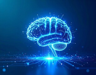 A glowing digital human brain model surrounded by interconnected light particles and circuit lines on a dark blue background, symbolizing technology and intelligence.