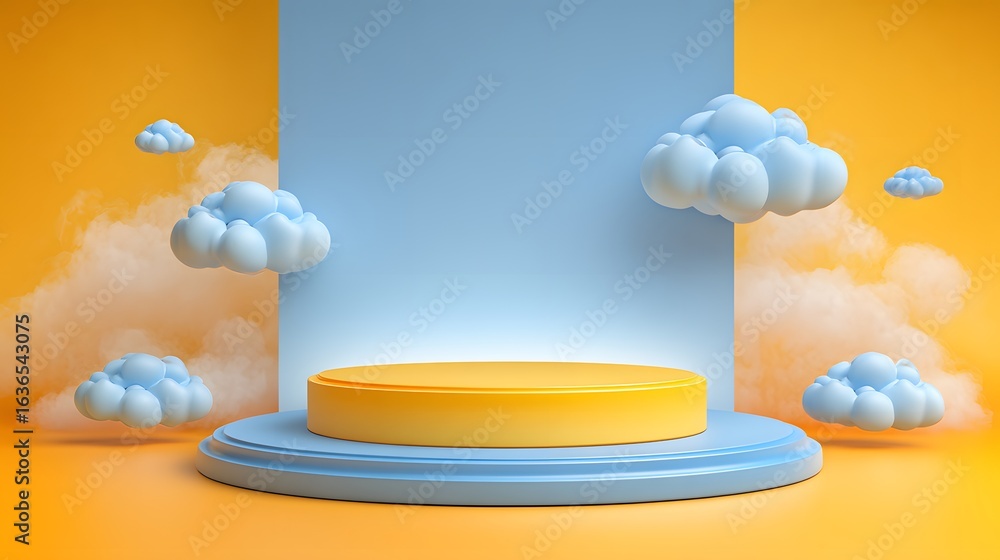 Poster pastel-colored display podium with floating clouds.