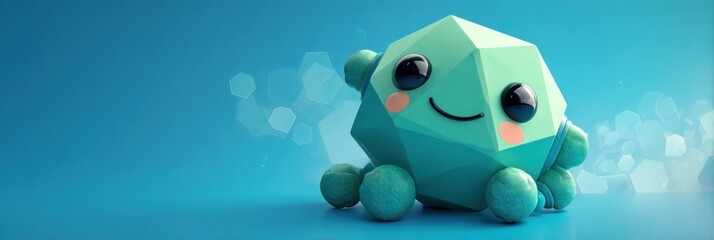 Cute turquoise geometric character on a blue background, friendly