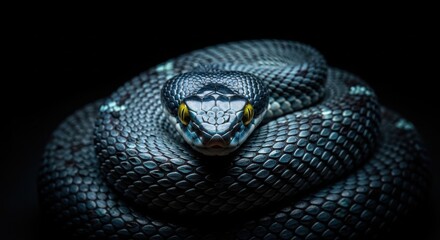 Obraz premium Close up of a coiled dark reptile with bright yellow eyes in the dark