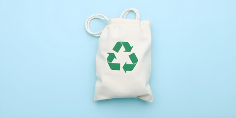 The eco-friendly reusable bag with a green recycling symbol on blue backdrop