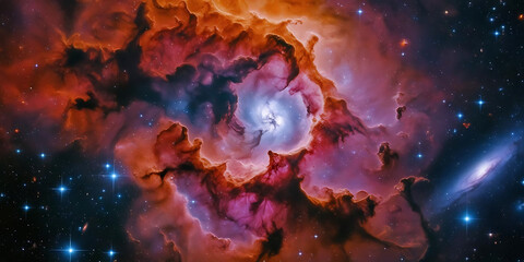 Naklejka premium A vibrant cosmic nebula with swirling clouds of orange, red, and purple, surrounded by stars and galaxies