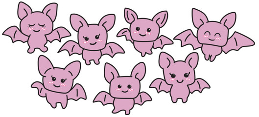 Cute mini bats with happy expressions create charming Halloween scene full of joy and playful spirit in this adorable illustration