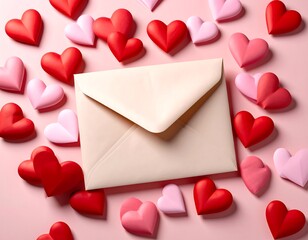 Pink hearts surround a beige envelope