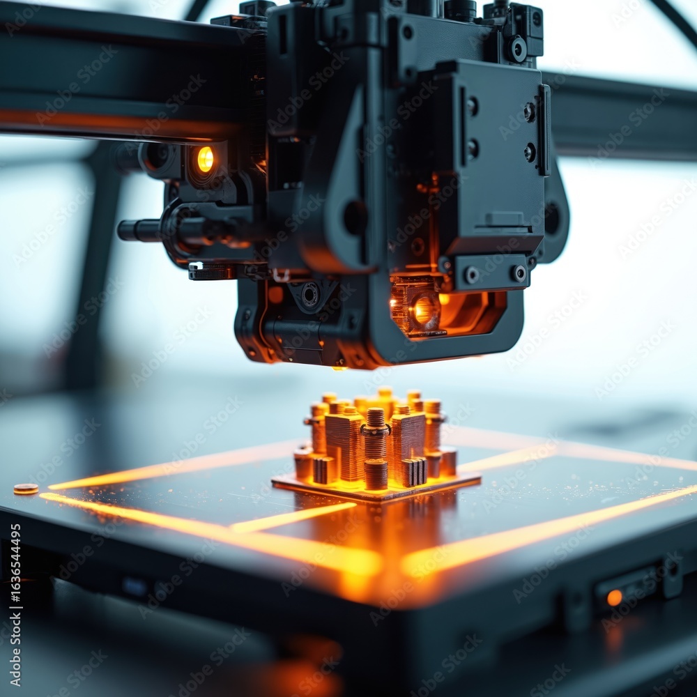 Poster high-tech 3d printer creates detailed mechanical part using glowing print lines. advanced manufactur