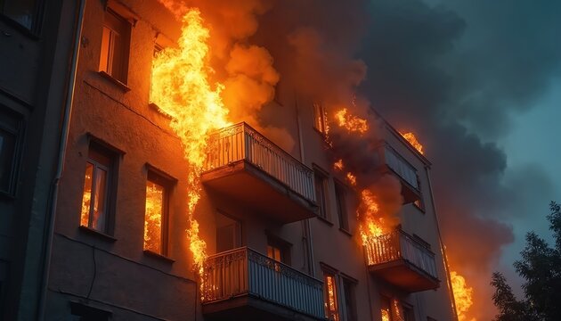 Illustration of apartment building engulfed in flames, smoke pouring from windows, balconies. Intense fire spreads rapidly, creating destruction. Dramatic scene of urban disaster, property damage.