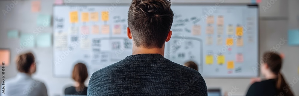 Poster a person observing a presentation in a collaborative workspace, focusing on charts and notes display