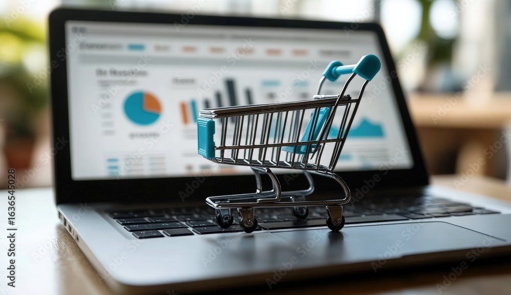Poster a miniature shopping cart sits on a laptop keyboard, with graphs and data displayed on the screen, s