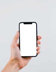 A hand holds a black smartphone with a blank white screen against a plain white background.