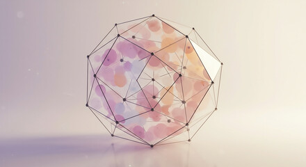 Elegant geometric wireframe polyhedron with soft pastel watercolor spots. Abstract concept for technology, data, and network connections.