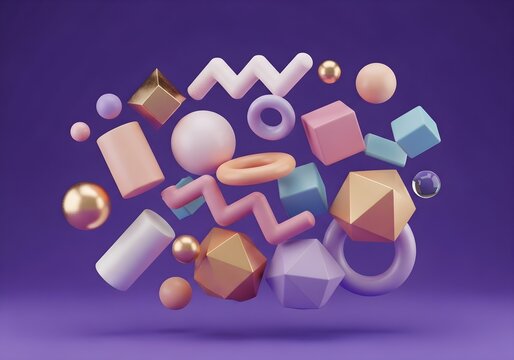 Photo of collection of abstract 3d geometric shapes floating on a purple background