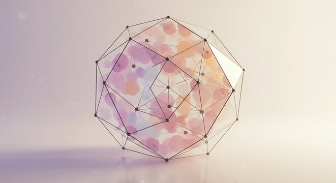 Elegant geometric wireframe polyhedron with soft pastel watercolor spots. Abstract concept for technology, data, and network connections.