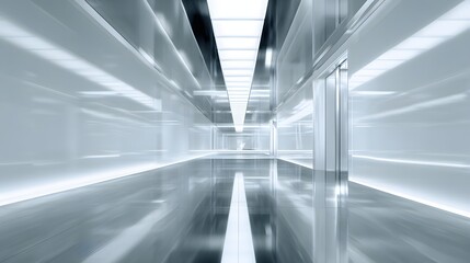 Modern, minimalist interior hallway with polished floors and walls.