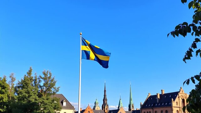 Swedish flag waving against blue sky with historic buildings  