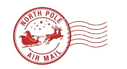 North Pole Air Mail vintage red Christmas stamp with Santa Claus in a sleigh