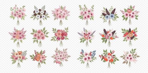 A diverse collection of eighteen illustrated floral bouquets with colorful flowers and foliage.