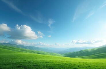 Obraz premium Vast open green landscape with undulating rolling hills under clear blue sky with soft white clouds. Sunlight illuminates scene, creating bright, peaceful, tranquil atmosphere. Rich vegetation,