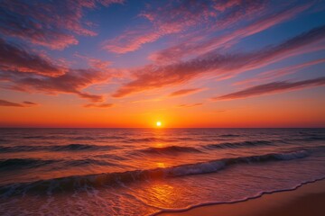 Obraz premium A serene seascape showing a tranquil beach and curving coast, where gentle ocean waves roll onto the shoreline. 
