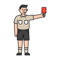 A serious soccer referee character shows a red card, illustrating expulsion and penalty rules during a match.