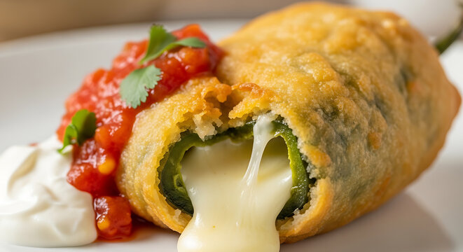 Delicious Cheese-Stuffed Chile Relleno with Salsa and Crema