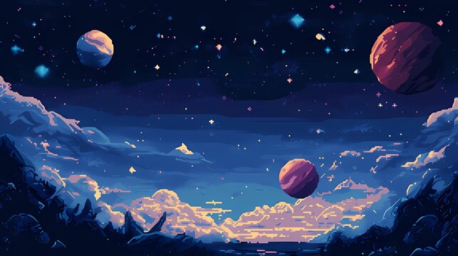 Retro Pixel Space Scene with Celestial Elements Like Planets and Stars, Ideal for 2D Side Scroller Game Backgrounds.