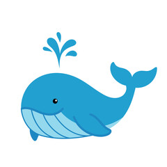 Cute blue whale vector illustration with water splash, flat cartoon design isolated on white background.