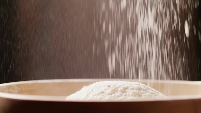 White flour falling into a bowl, creating a cloud of dust, essential for baking and cooking preparation