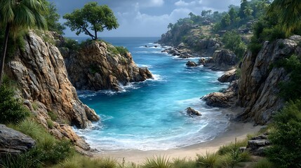 A scenic coastline with cliffs and turquoise water in the background.