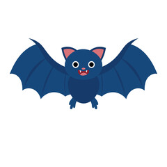 Cute cartoon bat vector illustration with open wings and smiling face, flat design isolated on white background.