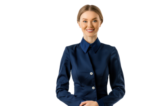 young woman in dark blue flight attendant suit isolated on white or transparent png