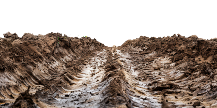 roaster tracks in brown dirty mud ground isolated on white or transparent png
