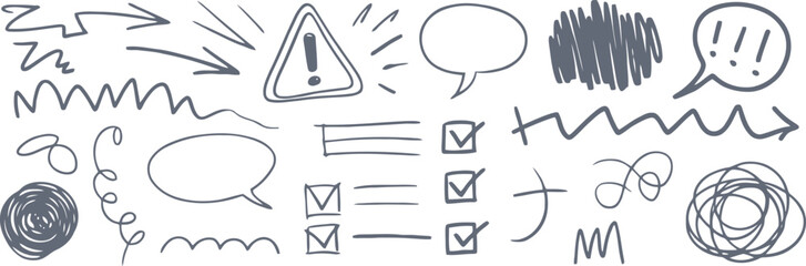 Collection of hand drawn sketchy elements including arrows speech bubbles checklist and warning sign