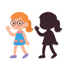 Vector illustration of a girl with glasses waving hand and her black silhouette, flat cartoon design isolated on white background.