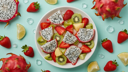 Photo of overhead view of a vibrant fruit salad featuring dragon fruit kiwi and strawberries offering a refreshing and healthy treat