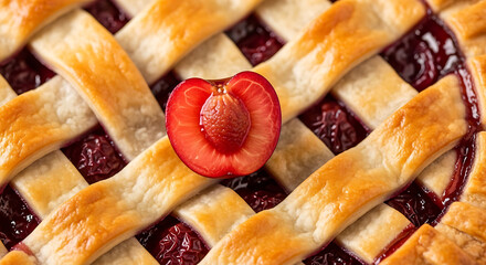 Delicious Homemade Plum Pie with Golden Lattice Topping and Fresh Plum Half