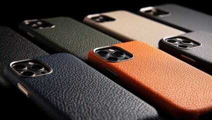 Leather phone cases, arranged, dark background, product shot, online store