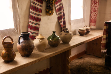 vintage clay jugs in ukrainian house